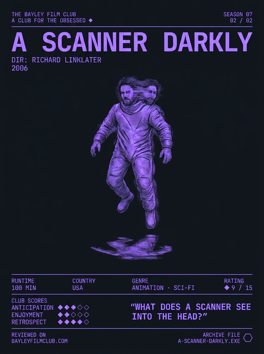 A Scanner Darkly (2006), directed by Richard Linklater — Bayley Film Club poster