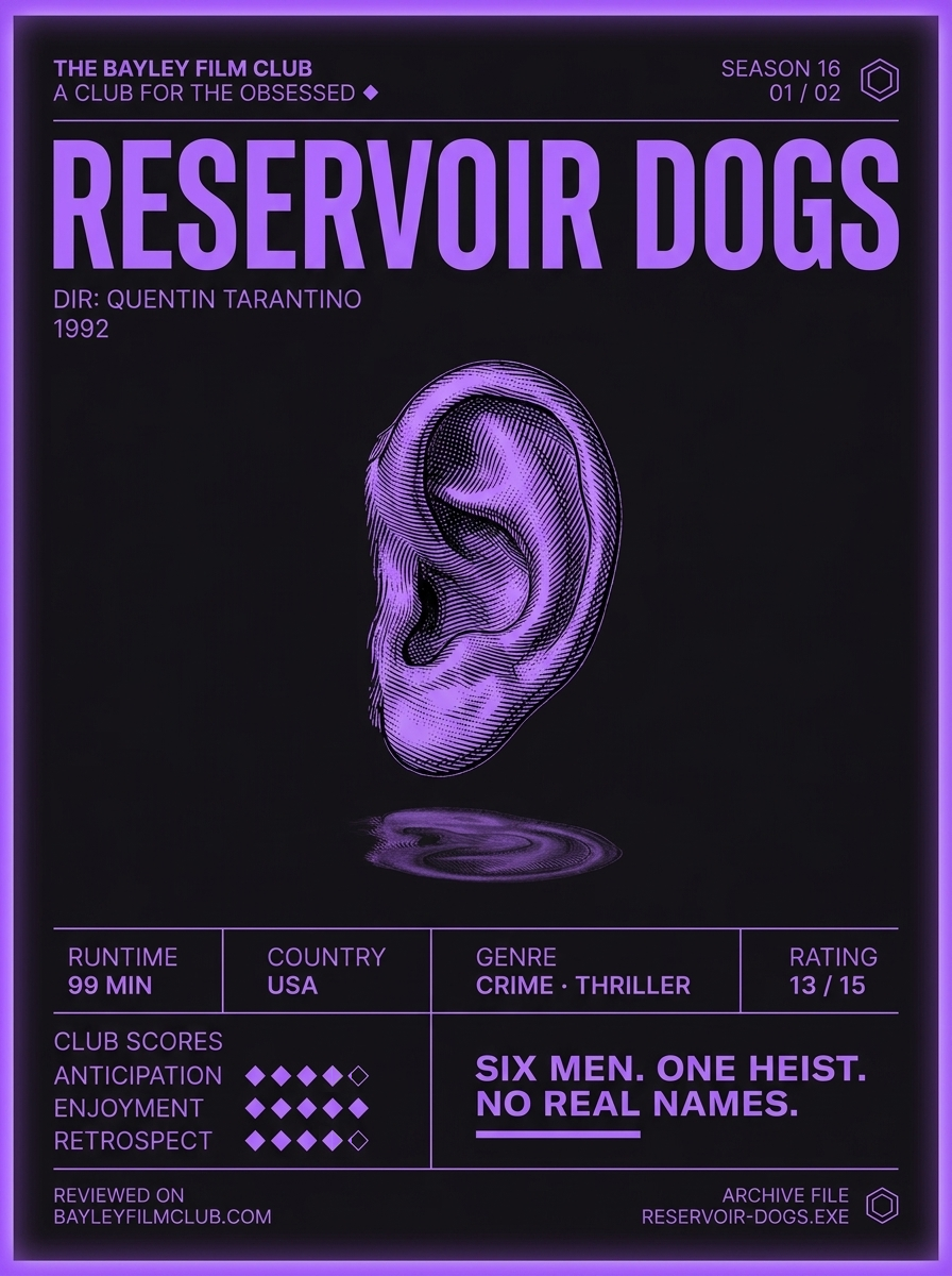 Reservoir Dogs (1992), directed by Quentin Tarantino — Bayley Film Club poster